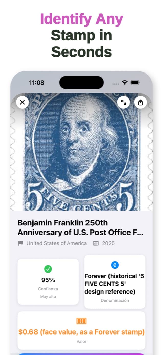 StampSnap identification result showing a likely match, country, year, confidence, denomination, and estimated value