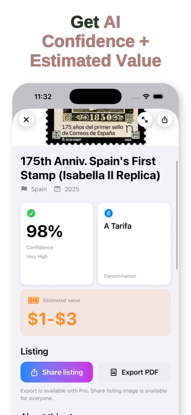 StampSnap result screen showing AI confidence and an informational estimated market value range
