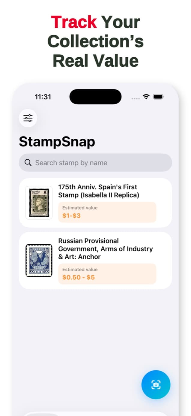 Searchable postage stamp collection in StampSnap with saved records and estimated value ranges