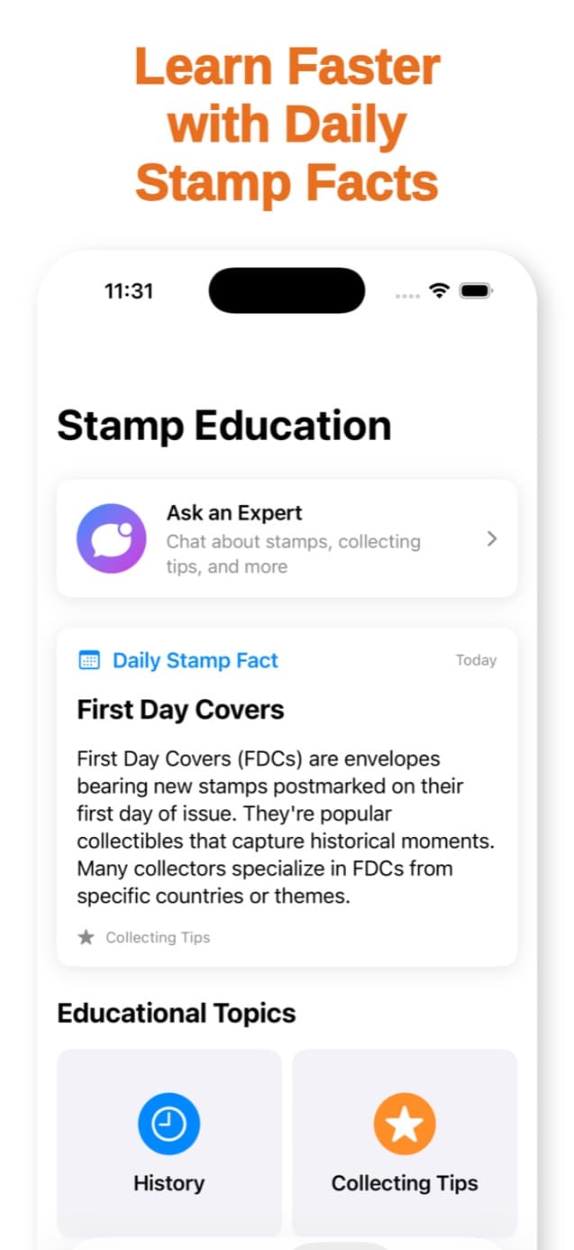 StampSnap education screen with a daily stamp fact and collecting reference topics