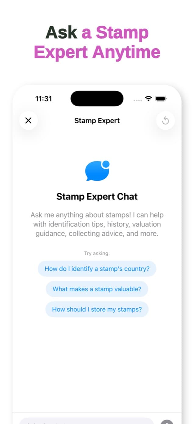 Stamp Expert Chat in StampSnap with example questions about stamps and collecting