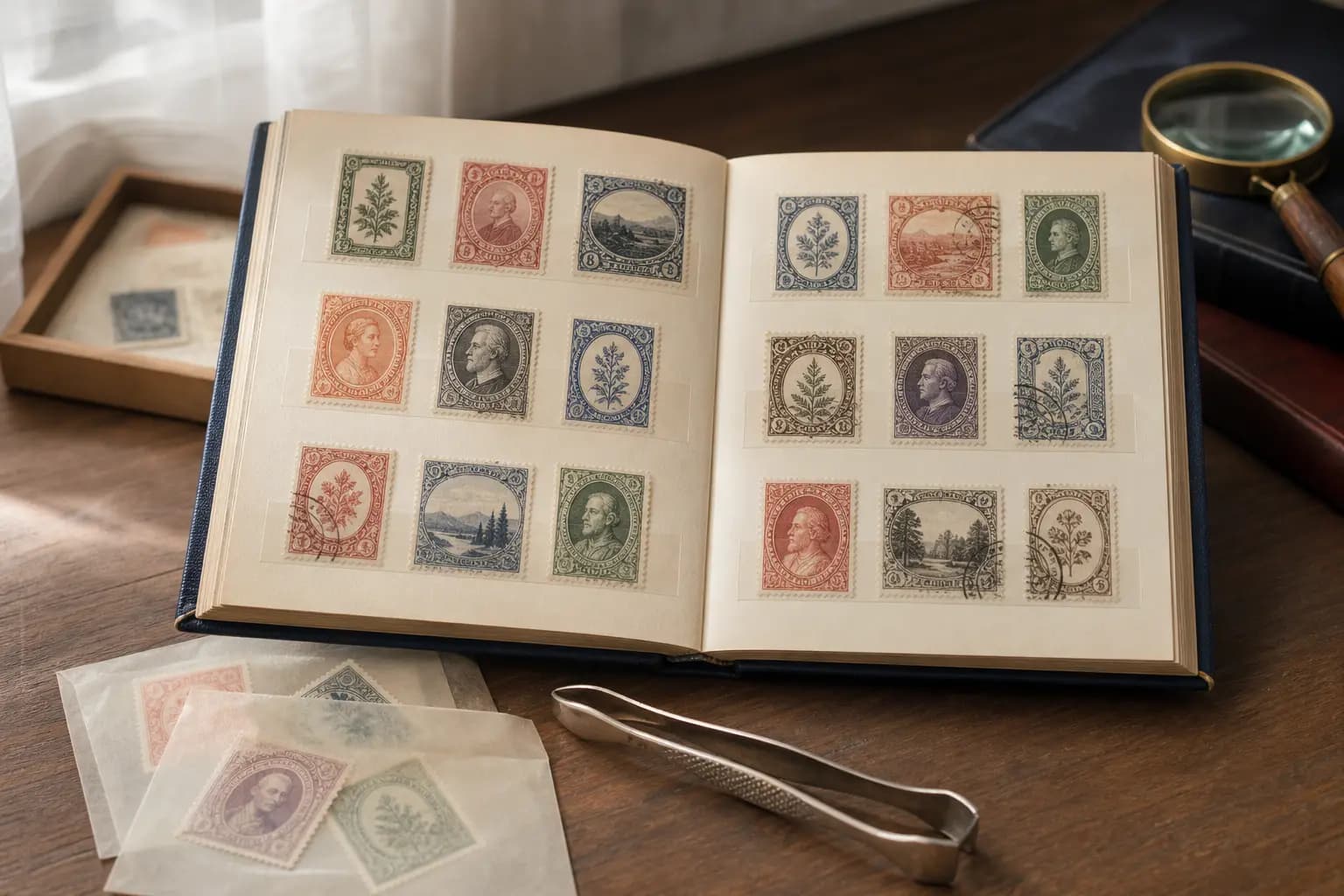 Photo illustration of an open stamp album with neatly arranged stamps and tongs, for the guide "How to Choose Between Mint and Used Stamps: A Guide for New Collectors"