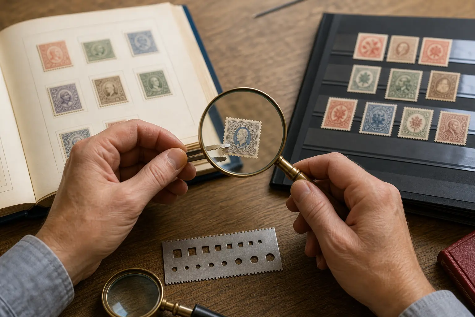 Photo illustration of a vintage stamp examined under a magnifier with tongs and a perforation gauge, for the guide "How to Choose Between Stamp Albums and Stock Books for Stamp Storage"