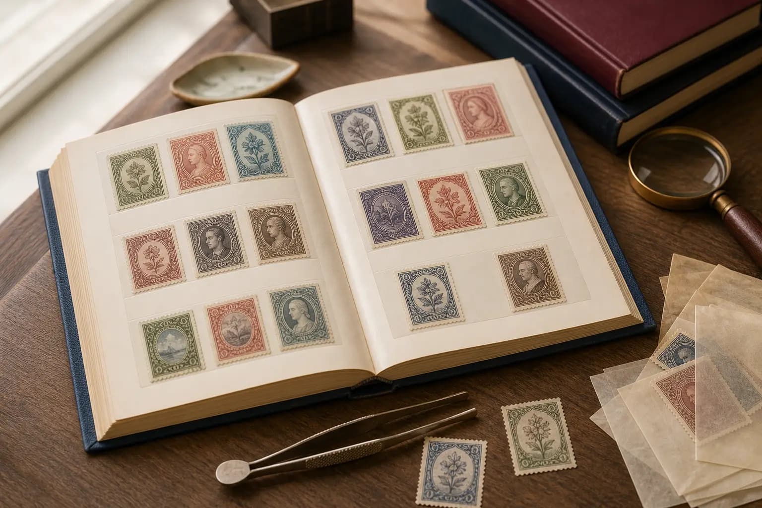 Photo illustration of an open stamp album with neatly arranged stamps and tongs, for the guide "How to Choose and Use Essential Stamp Collecting Tools for Beginners"