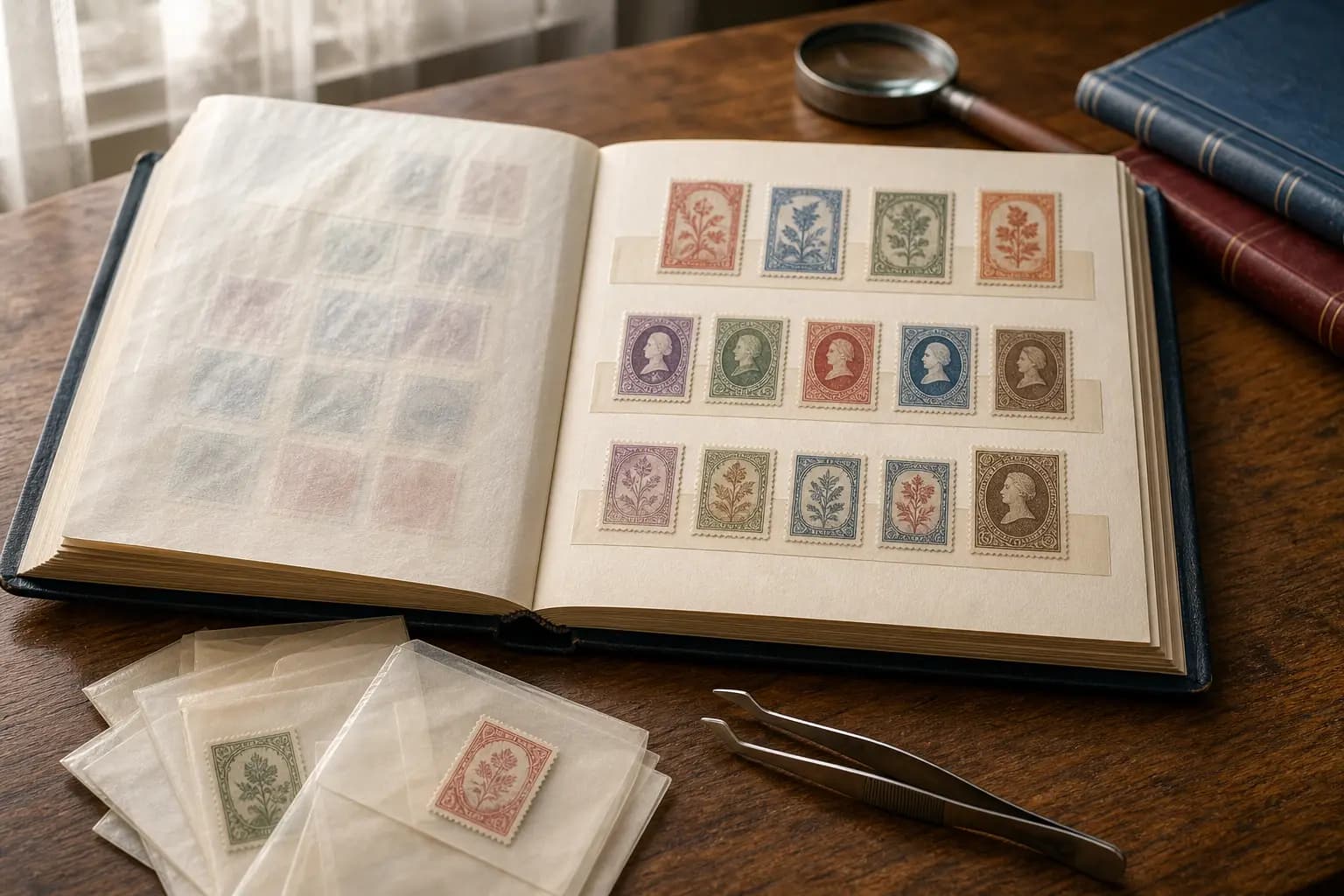 Photo illustration of an open stamp album with neatly arranged stamps and tongs, for the guide "How to Collect Stamps Issued Since Your Birth Year: A Guide to Modern Specialization"