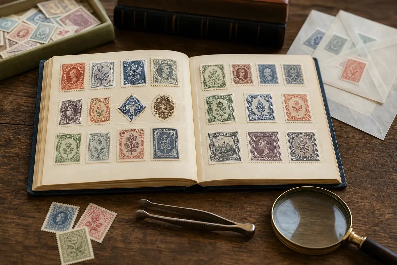 Photo illustration of an open stamp album with neatly arranged stamps and tongs, for the guide "How to Collect Stamps by Visual Traits: Shape, Color, and Custom Themes"