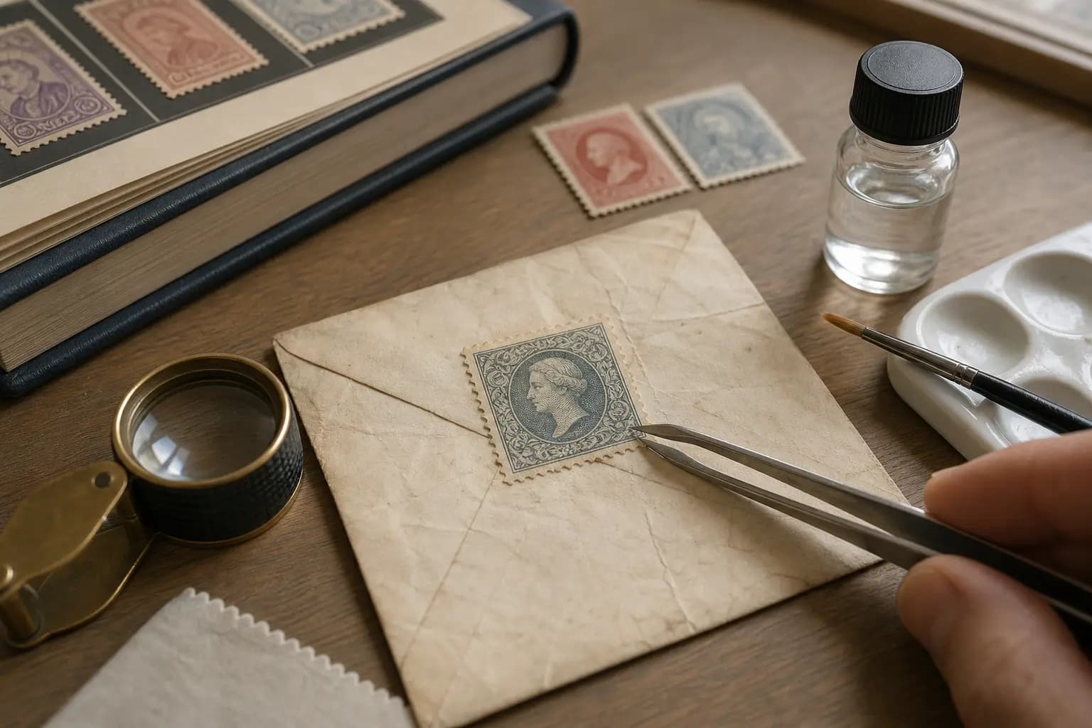 Photo illustration of a stamp on an old envelope checked for condition with a loupe and tongs, for the guide "How to Detect Hidden Stamp Faults: Using Watermark Fluid to Identify Thins and Creases"