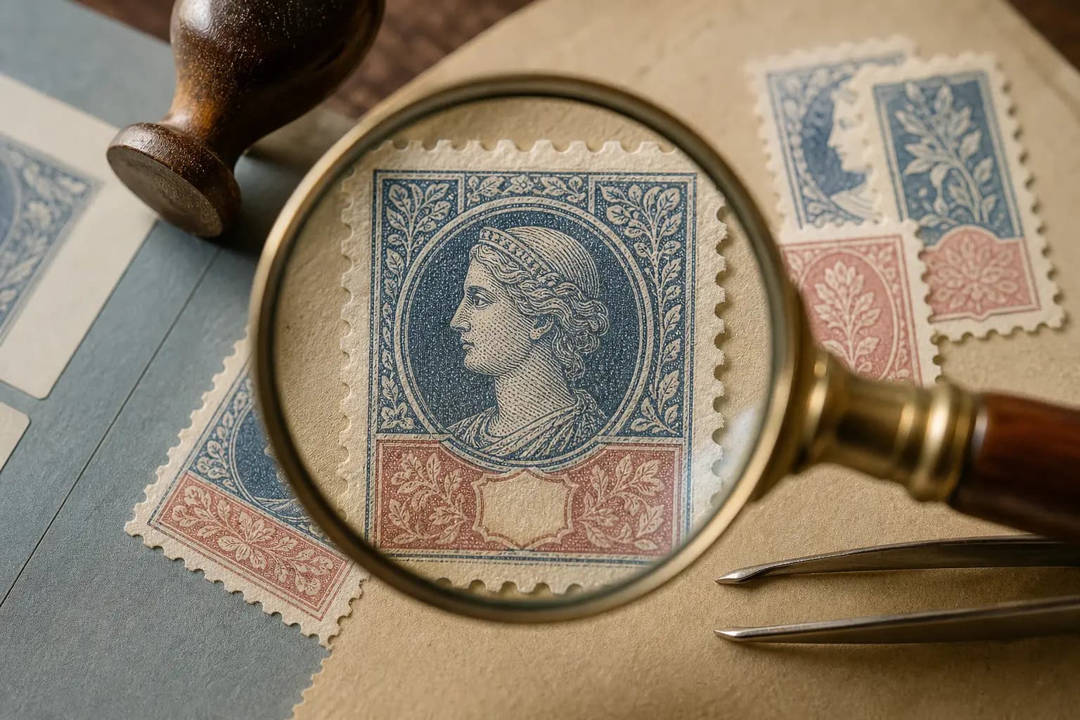 Photo illustration of a close-up of a stamp's printed ink texture under a magnifier, for the guide "How to Distinguish Offset Lithography from Other Printing Families"