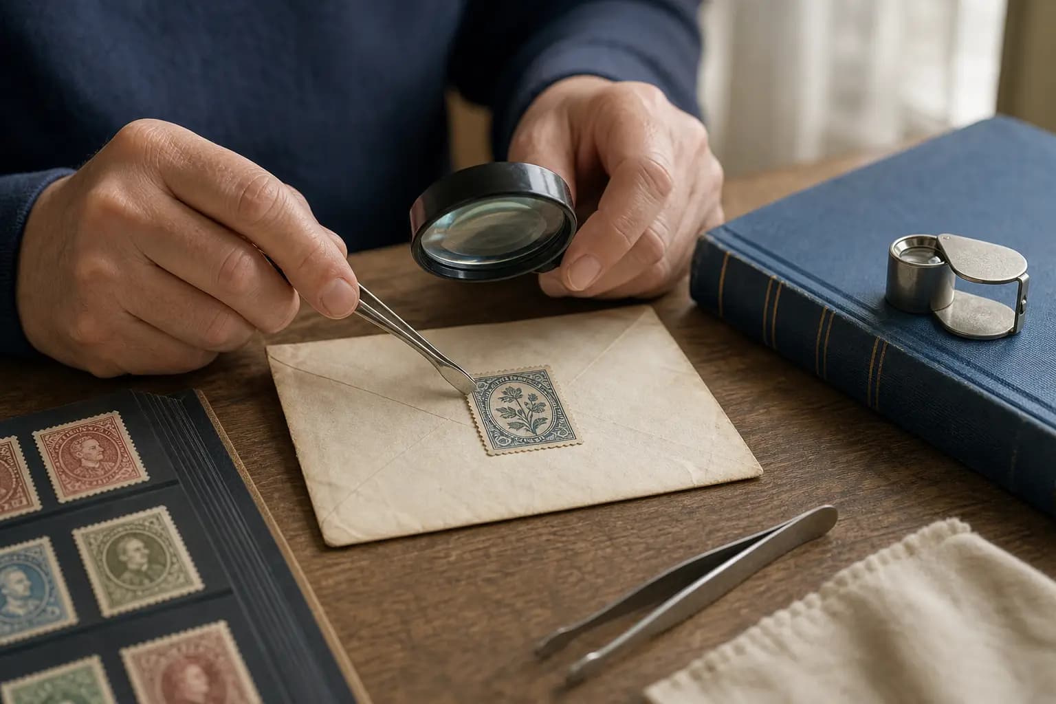 Photo illustration of a stamp on an old envelope checked for condition with a loupe and tongs, for the guide "Do Watermarks Affect a Stamp’s Value?"