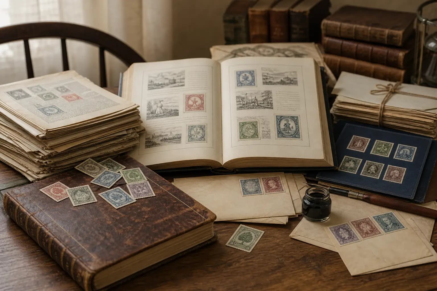 Photo illustration of antique letters, a ledger, and old stamped covers, for the guide "How Early Philatelic Journals and Official Organs Facilitated Collector Communication"