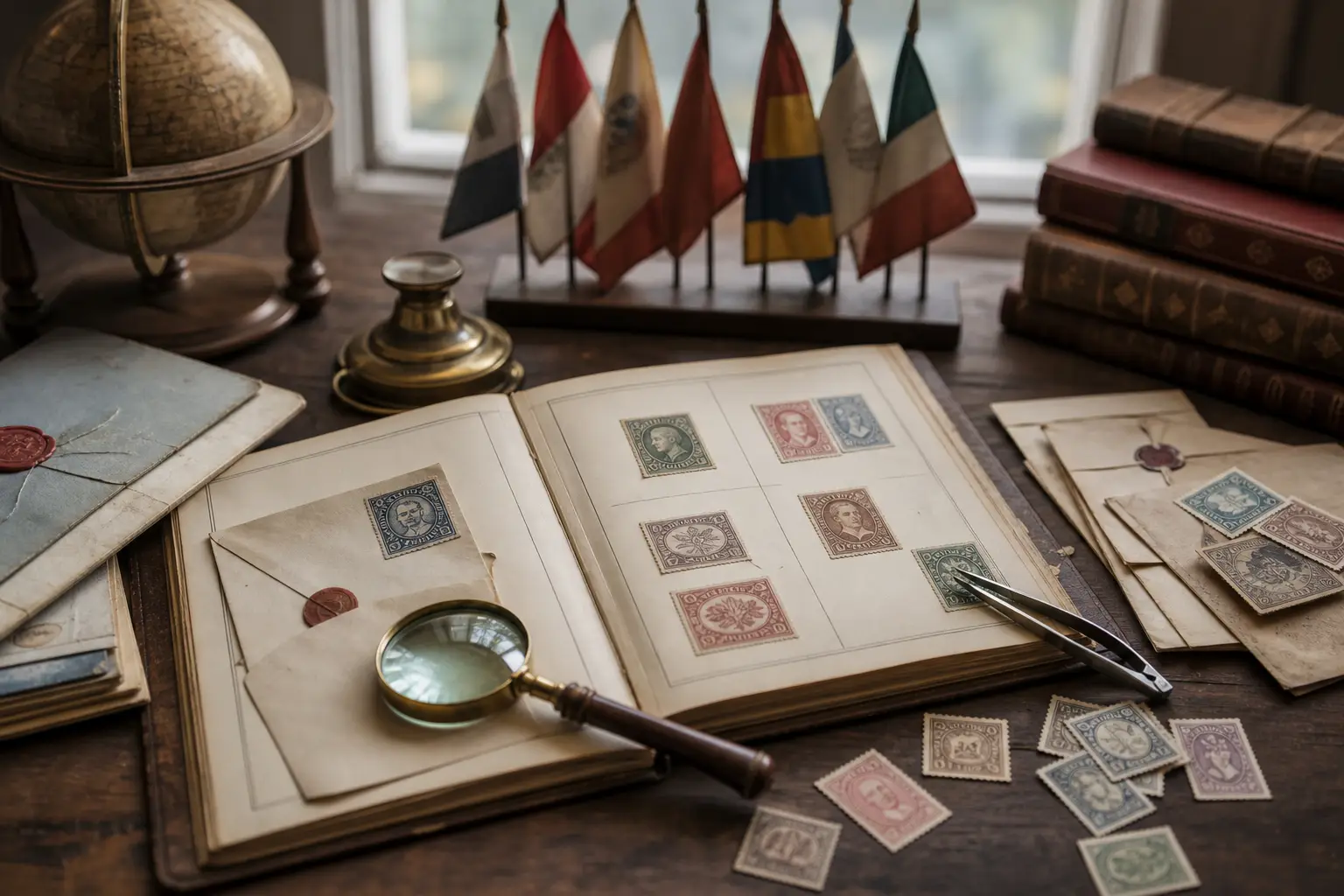 Photo illustration of antique letters, a ledger, and old stamped covers, for the guide "How Early Philatelic Organizations Fostered International Affiliation and Collector Relations"
