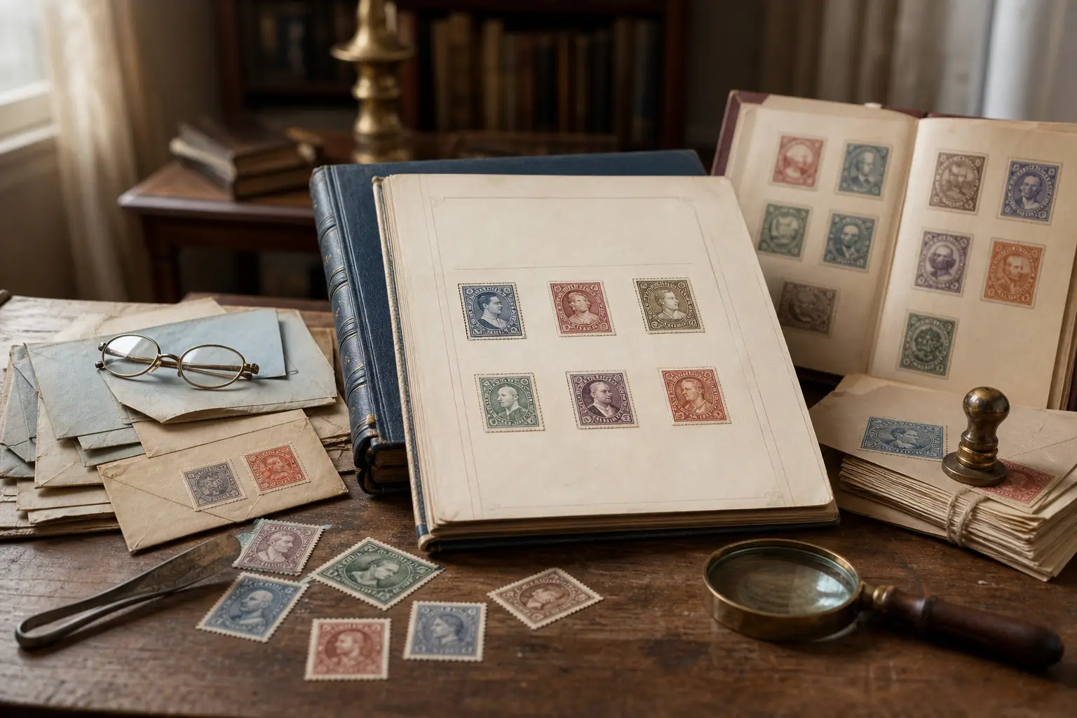 Photo illustration of antique letters, a ledger, and old stamped covers, for the guide "How Early Philatelic Organizations Established Exhibitions and Research Standards"