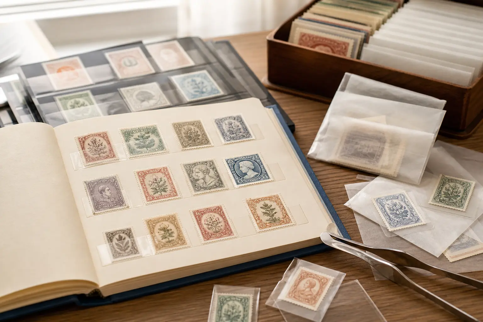 Photo illustration of stamps stored in protective mounts and glassine sleeves, for the guide "How to Evaluate and Sort Stamps After Soaking: Managing Duplicates and Damaged Copies"