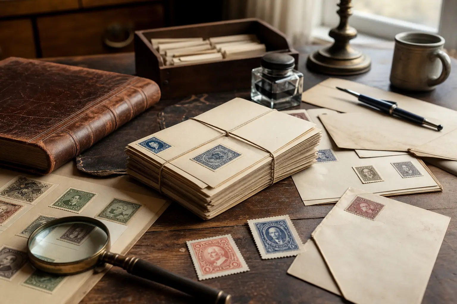 Photo illustration of antique letters, a ledger, and old stamped covers, for the guide "How Early Collectors Used Proxy Voting to Found the American Philatelic Association in 1886"