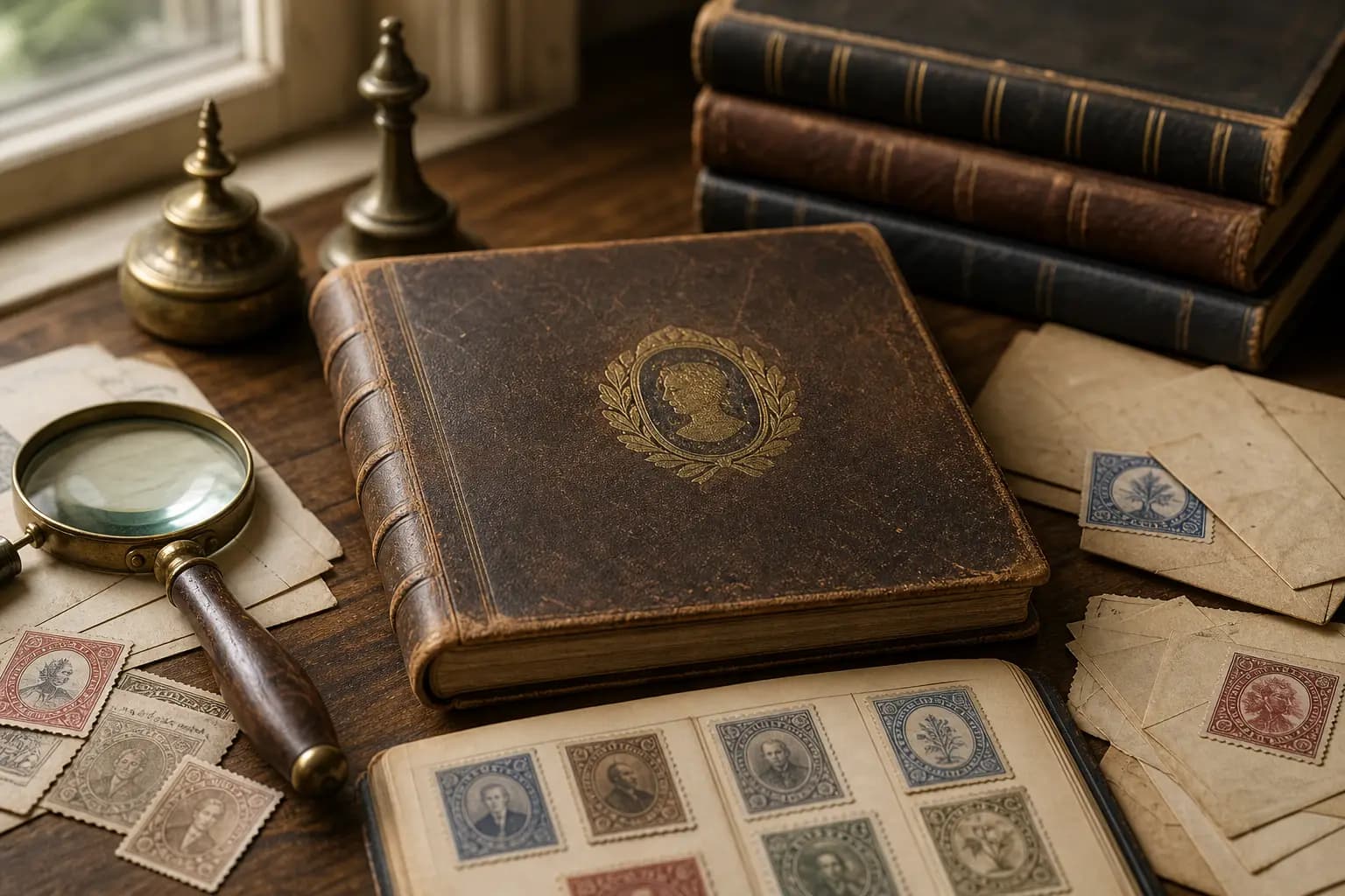 Photo illustration of antique letters, a ledger, and old stamped covers, for the guide "How the American Philatelic Association Structured Its First Membership Benefits in 1886"