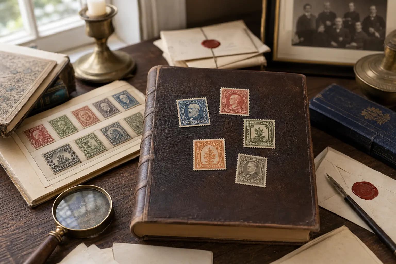 Photo illustration of antique letters, a ledger, and old stamped covers, for the guide "How Early American Philatelists Used Proxy Voting to Establish Their First National Association in"