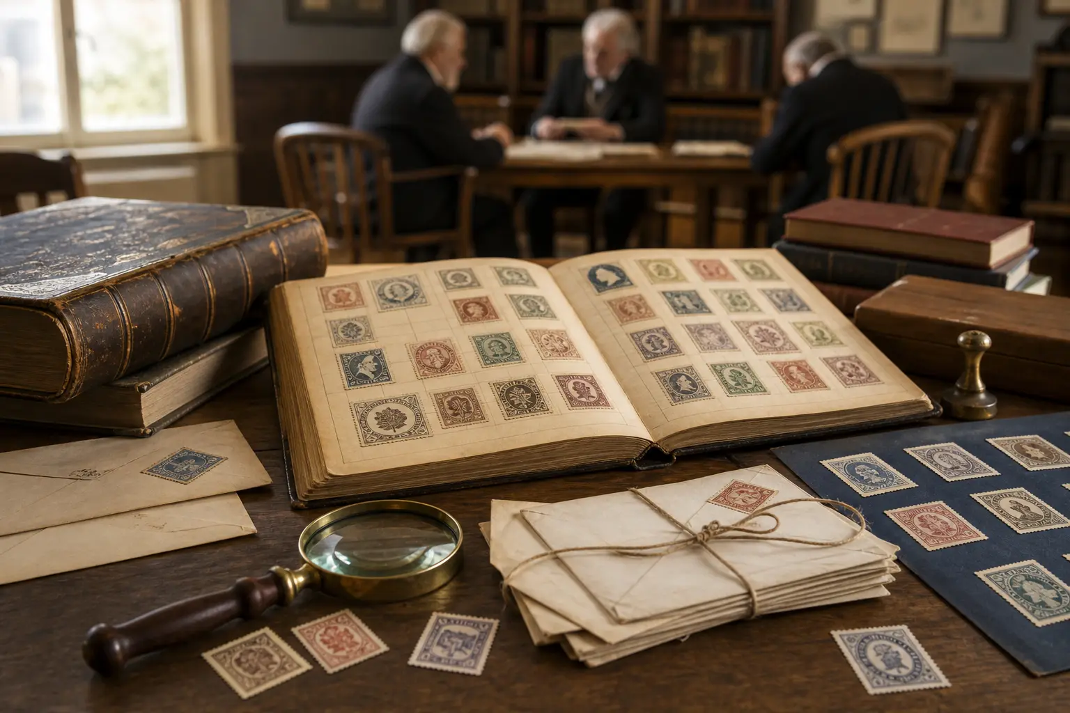 Photo illustration of antique letters, a ledger, and old stamped covers, for the guide "How Did Stamp Clubs Create the Historical Record of Philately?"