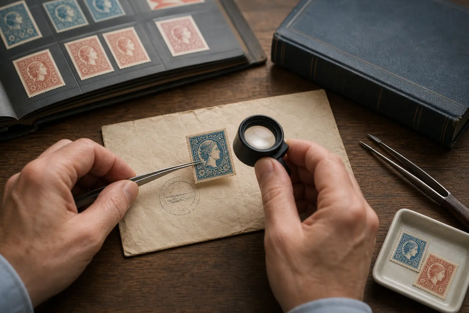 Photo illustration of a stamp on an old envelope checked for condition with a loupe and tongs, for the guide "Why Can Two Stamps with the Same Design Have Different Values?"