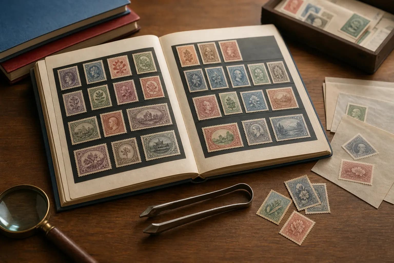 Photo illustration of an open stamp album with neatly arranged stamps and tongs, for the guide "How to Build an Affordable Stamp Collection: Practical Strategies for Budget-Conscious Collectors"