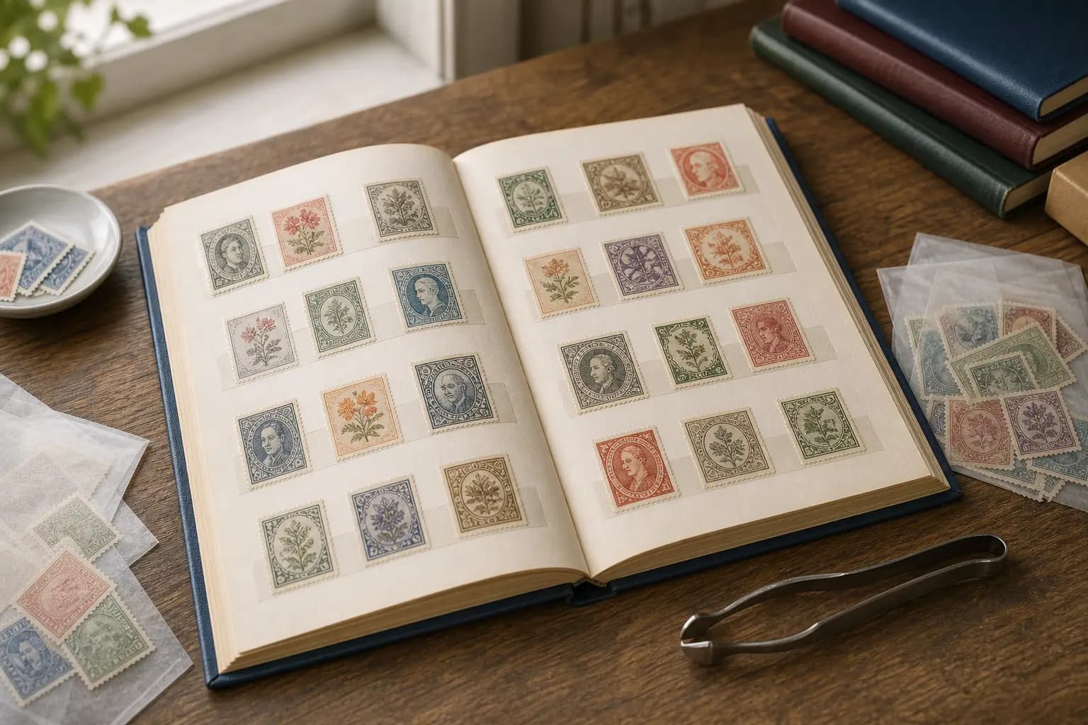 Photo illustration of an open stamp album with neatly arranged stamps and tongs, for the guide "How to Build a Budget-Friendly Stamp Collection: Practical Strategies for Affordable Philately"