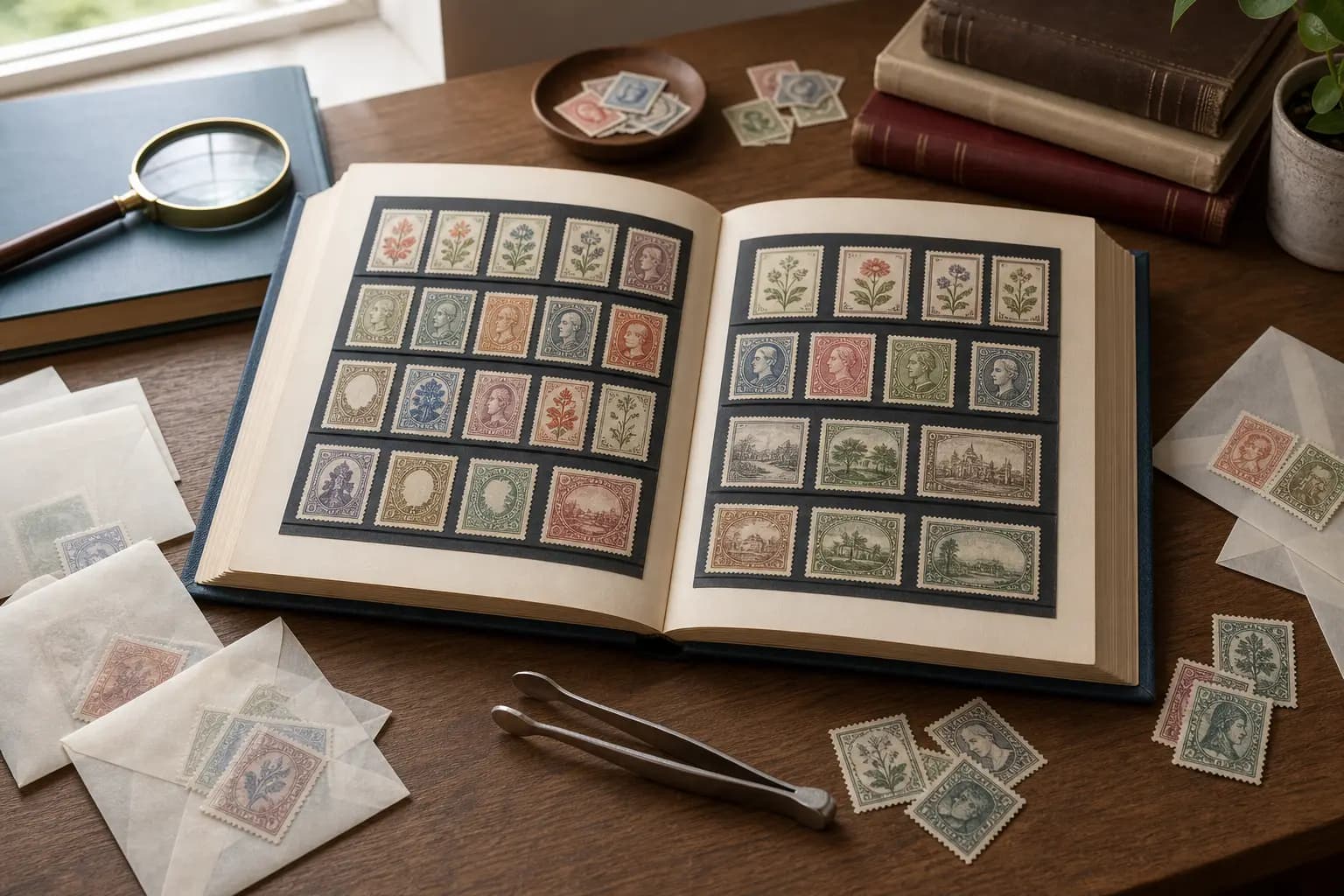 Photo illustration of an open stamp album with neatly arranged stamps and tongs, for the guide "How Should You Choose a Stamp Collecting Specialty?"