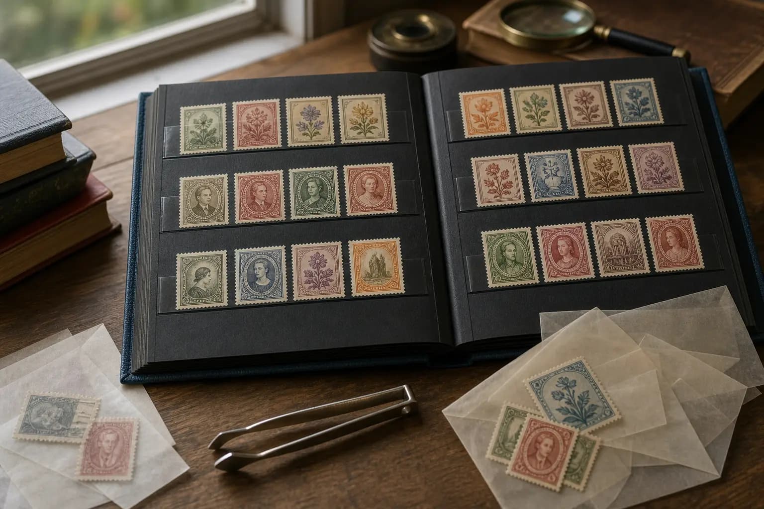 Photo illustration of an open stamp album with neatly arranged stamps and tongs, for the guide "How to Choose Your Stamp Collecting Focus: Practical Methods for Beginners"