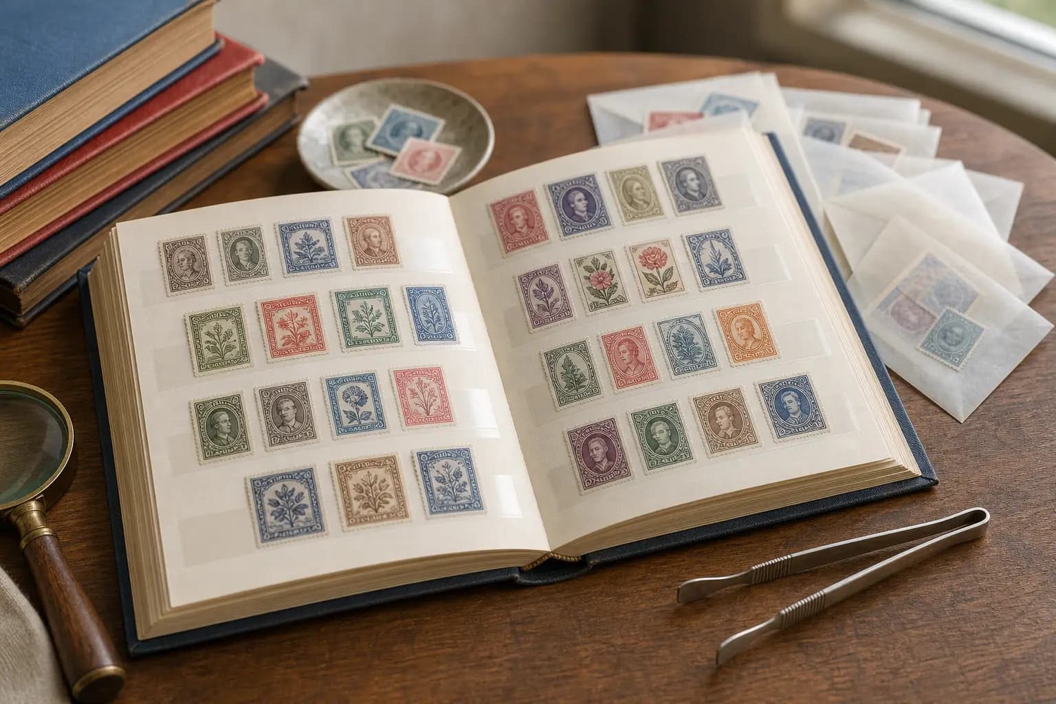 Photo illustration of an open stamp album with neatly arranged stamps and tongs, for the guide "How Should You Build a Stamp Collection by Topic, Cancel, or Format?"