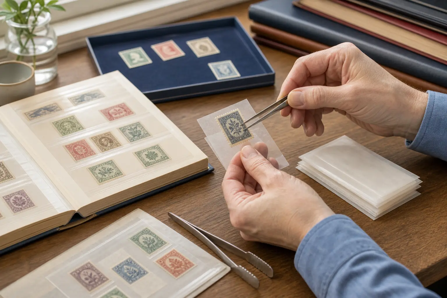Photo illustration of stamps stored in protective mounts and glassine sleeves, for the guide "How Should You Handle Stamps After Soaking Without Damaging Them?"