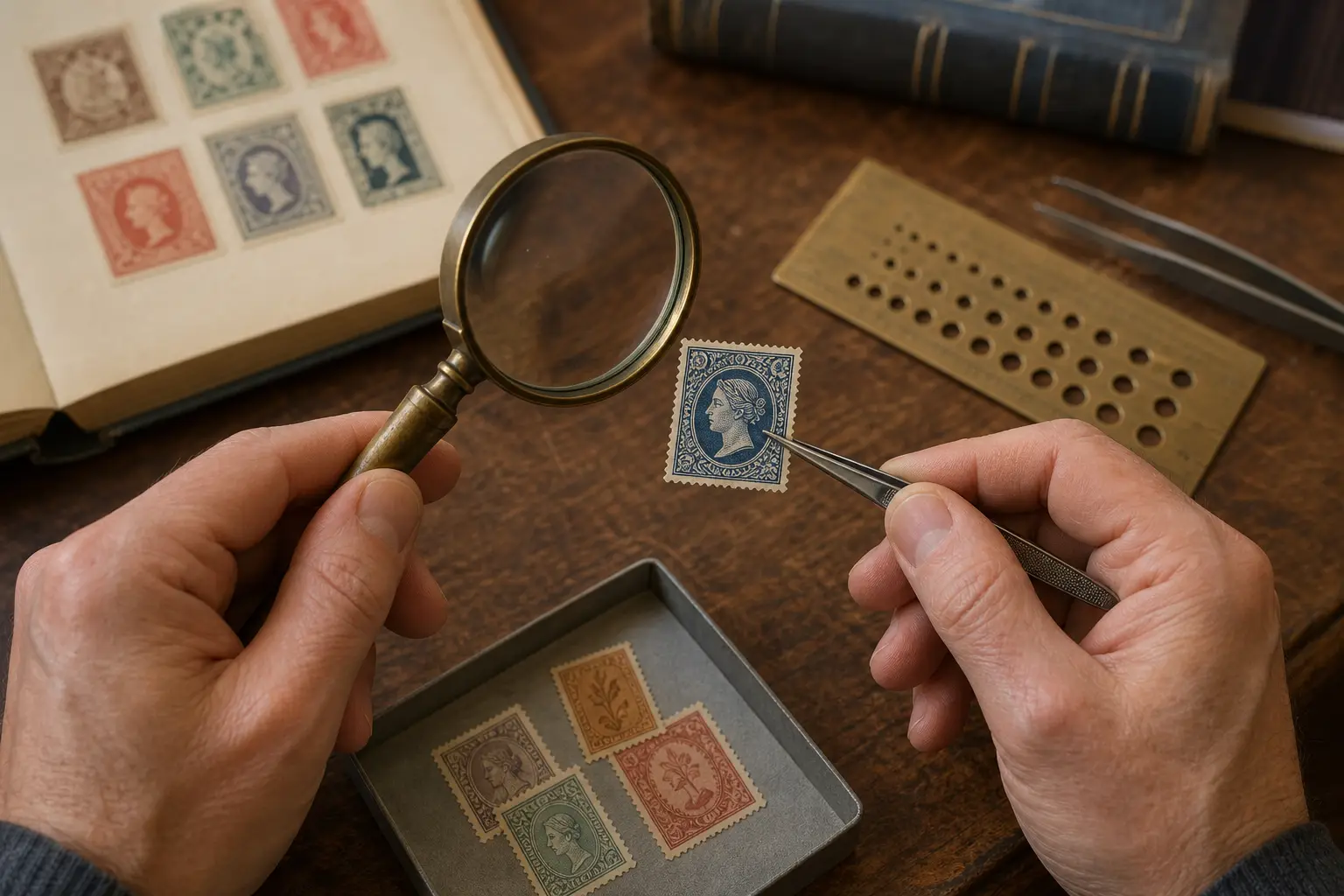 Photo illustration of a vintage stamp examined under a magnifier with tongs and a perforation gauge, for the guide "How to Identify Great Britain Stamps Without a Country Name"