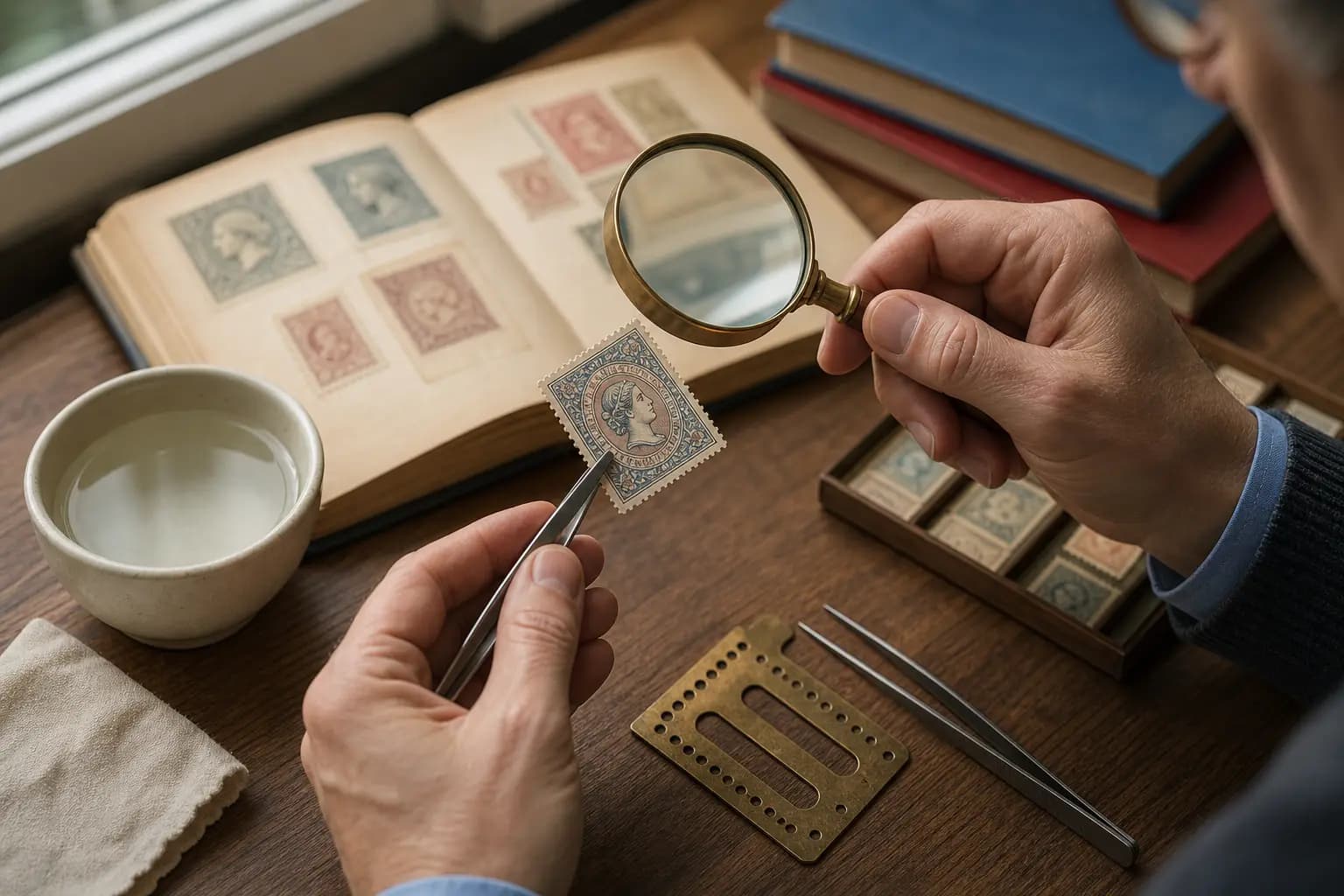Photo illustration of a vintage stamp examined under a magnifier with tongs and a perforation gauge, for the guide "How Can You Tell Whether a Stamp Is Self-Adhesive Safely?"