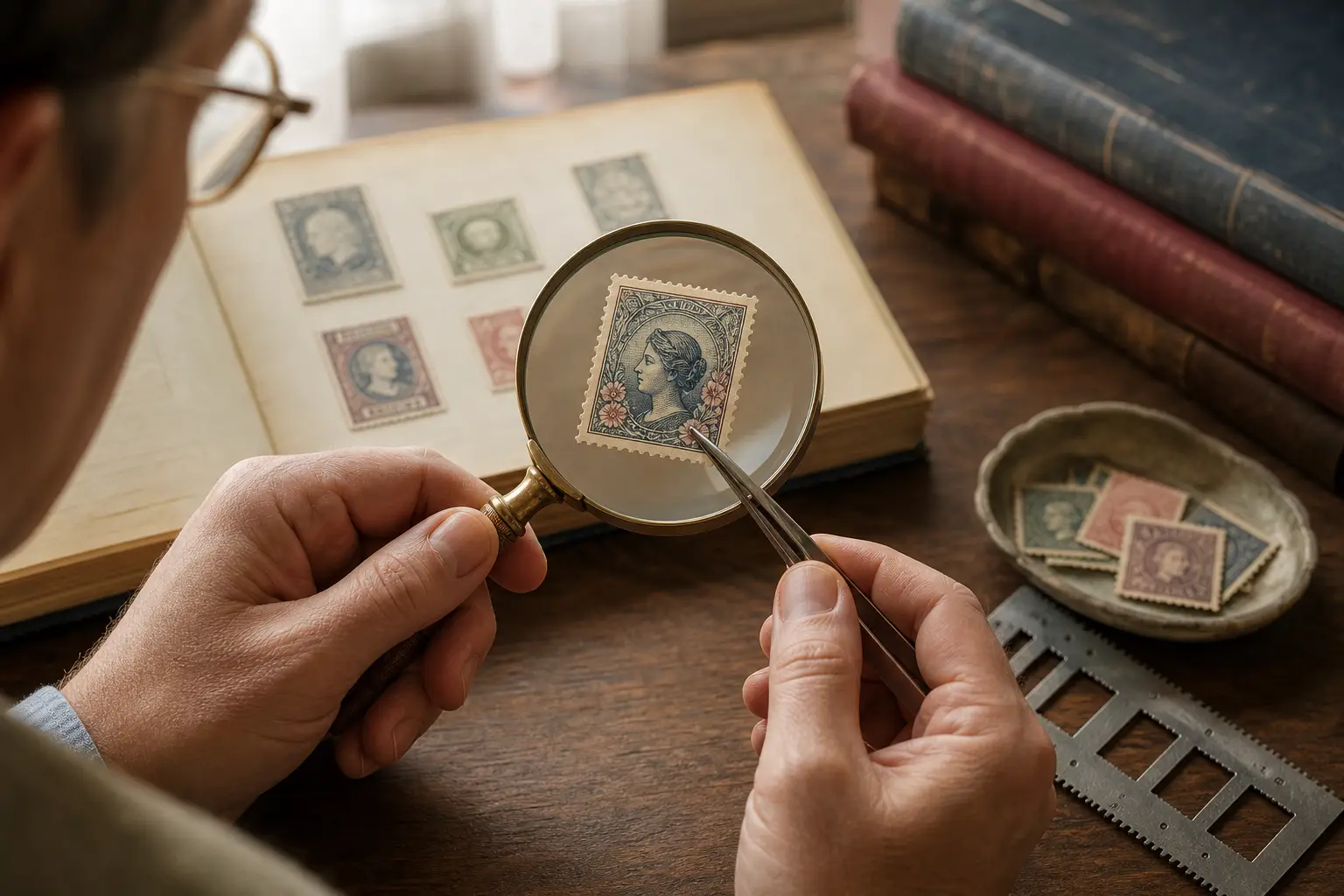 Photo illustration of a vintage stamp examined under a magnifier with tongs and a perforation gauge, for the guide "How Can You Tell Whether a Self-Adhesive Stamp Will Soak Off?"