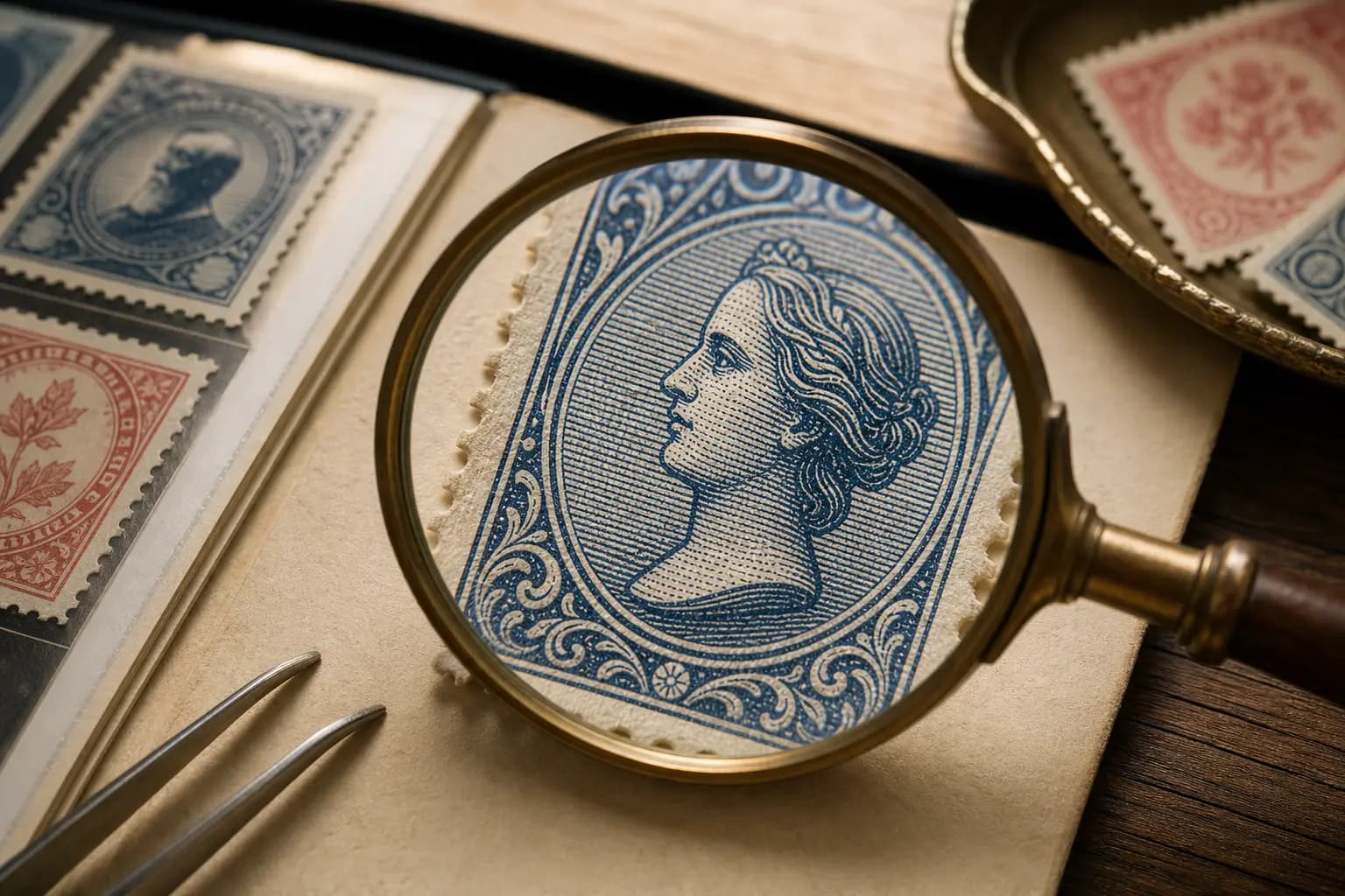 Photo illustration of a close-up of a stamp's printed ink texture under a magnifier, for the guide "How Can You Identify a Stamp’s Printing Process Safely?"