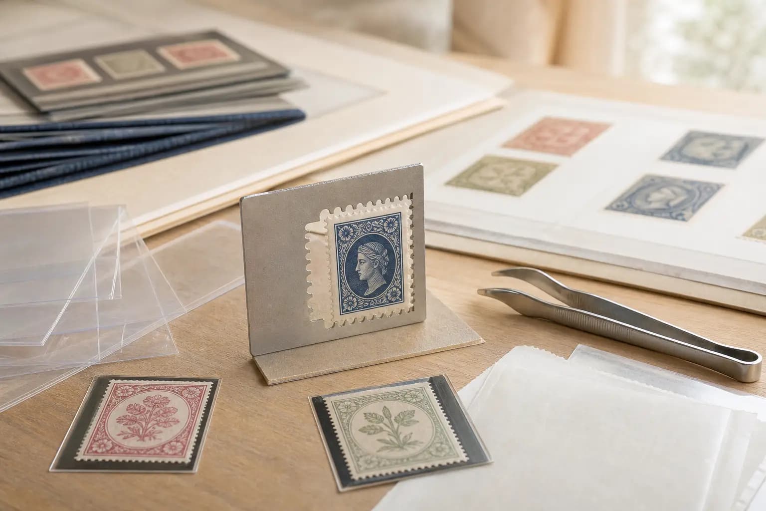 Photo illustration of stamps stored in protective mounts and glassine sleeves, for the guide "How to Measure Stamp Perforations Safely: Protecting Fragile Edges While Identifying Varieties"