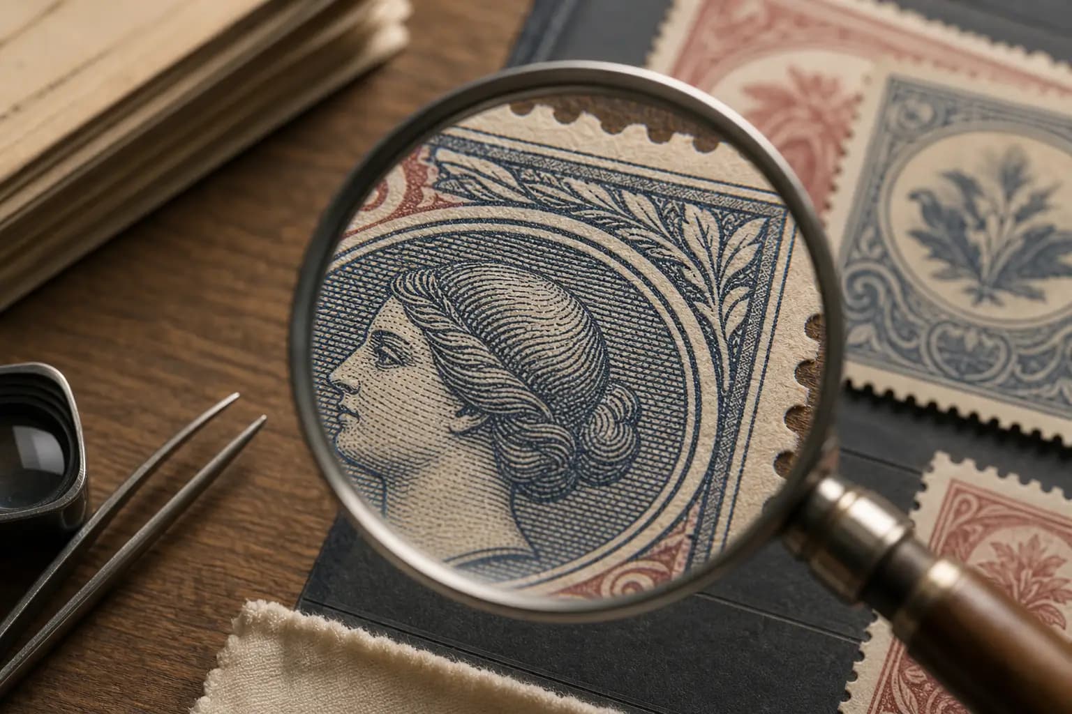 Photo illustration of a close-up of a stamp's printed ink texture under a magnifier, for the guide "How Can You Read Modern Stamp Printing Clues Safely?"