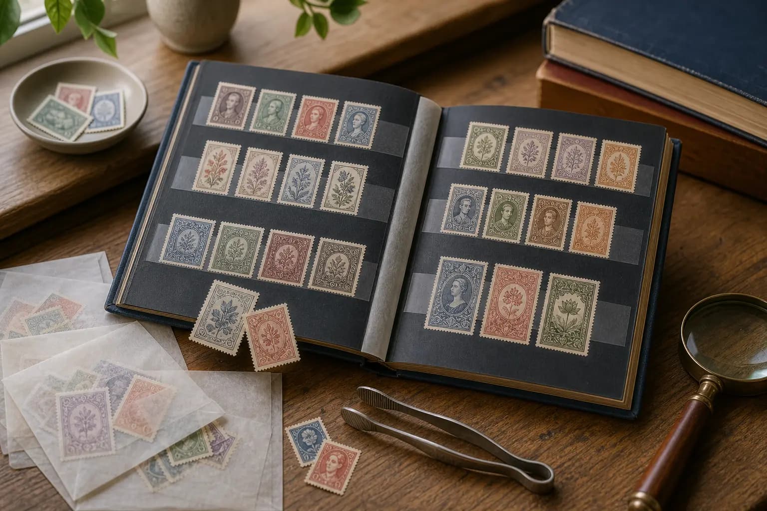 Photo illustration of an open stamp album with neatly arranged stamps and tongs, for the guide "How Do You Start a Stamp Collection Without Special Knowledge?"