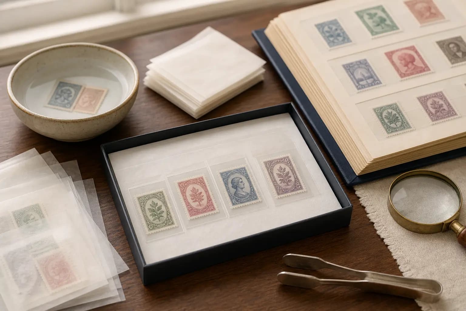 Photo illustration of stamps stored in protective mounts and glassine sleeves, for the guide "How Can You Store Damp Stamps Without Curling or Sticking?"