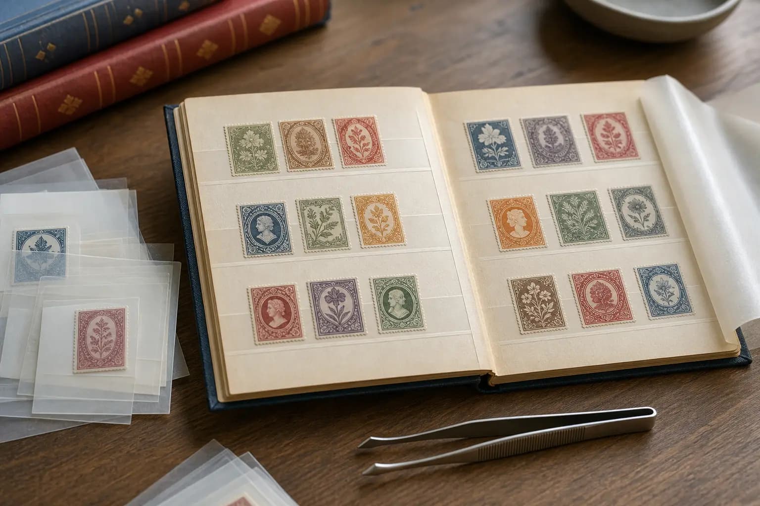 Photo illustration of stamps stored in protective mounts and glassine sleeves, for the guide "How to Store Old Stamps Safely: A Practical Checklist"