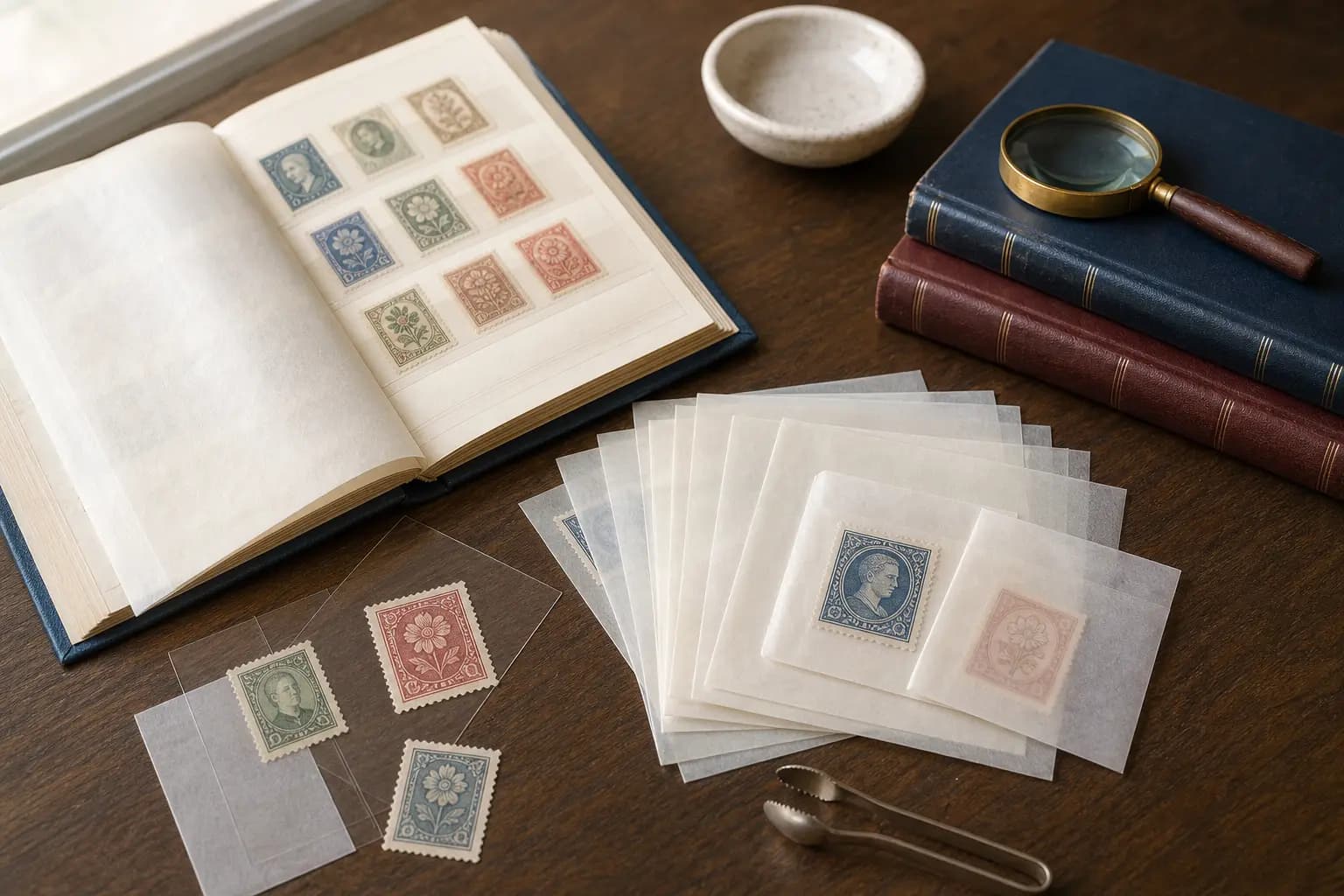 Photo illustration of stamps stored in protective mounts and glassine sleeves, for the guide "How to Store Stamps in Glassine Envelopes: Safe, Practical Methods"