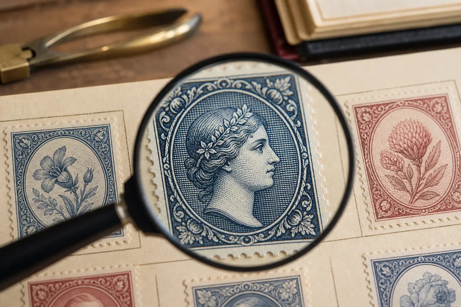 Photo illustration of a close-up of a stamp's printed ink texture under a magnifier, for the guide "How to Tell Intaglio from Gravure on Postage Stamps: A Collector’s Guide"