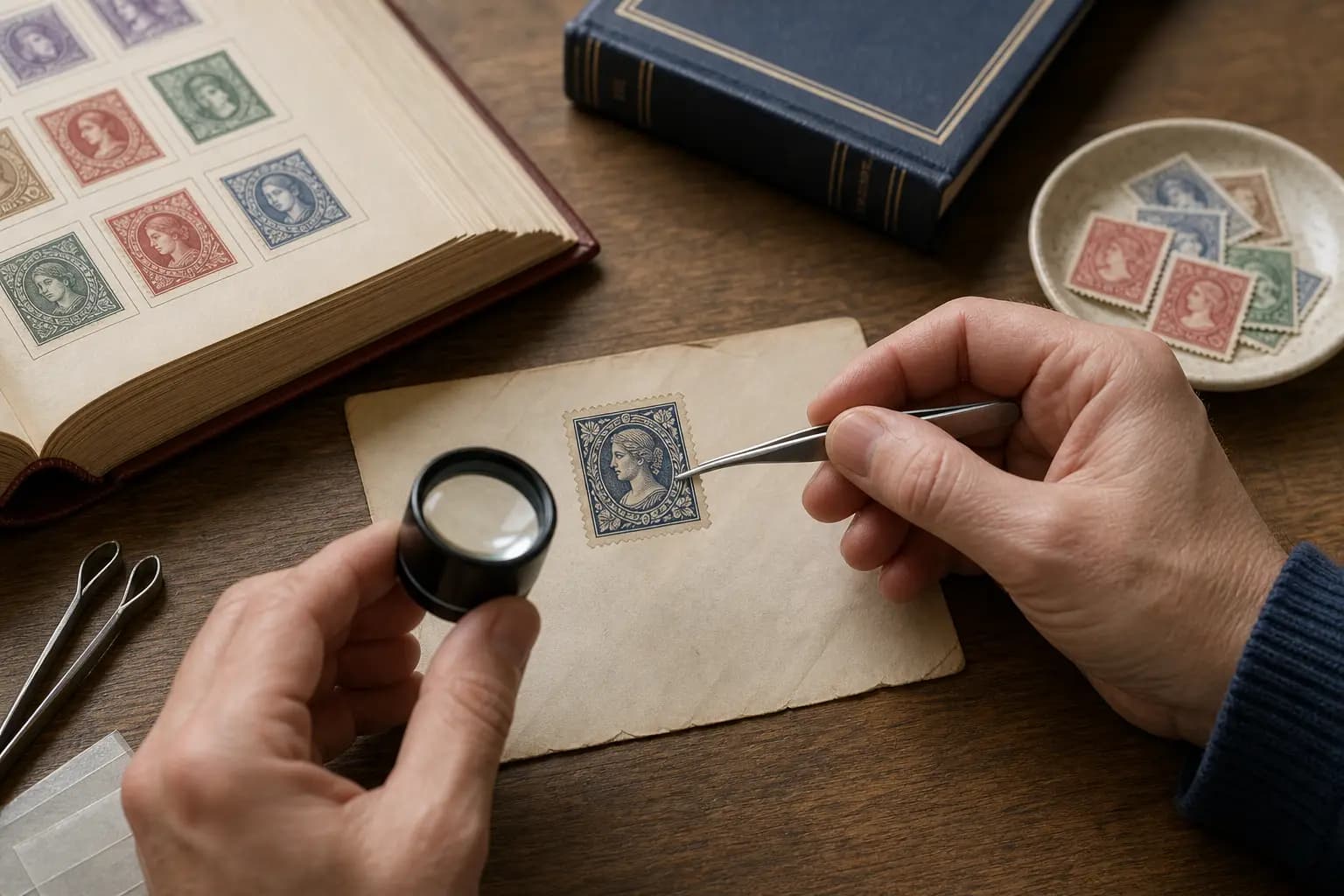 Photo illustration of a stamp on an old envelope checked for condition with a loupe and tongs, for the guide "How Can a Watermark Change a Stamp’s Value?"