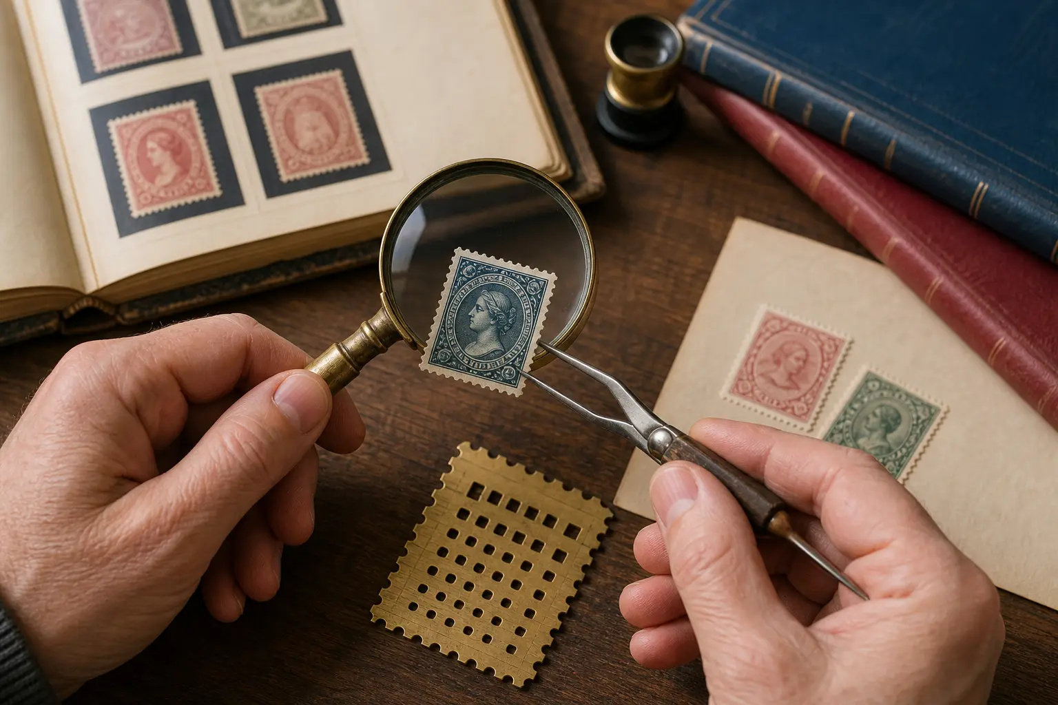Photo illustration of a vintage stamp examined under a magnifier with tongs and a perforation gauge, for the guide "How to Identify Classic Stamps by Portrait Subjects and Printers"