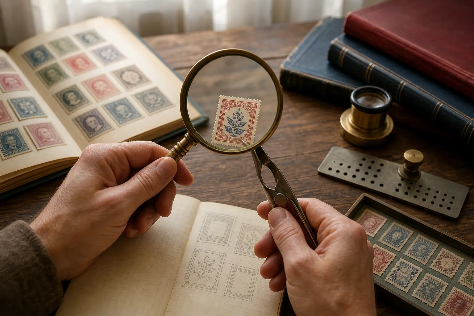 Photo illustration of a vintage stamp examined under a magnifier with tongs and a perforation gauge, for the guide "How to Identify the Country of Origin for Stamps Without a Name"