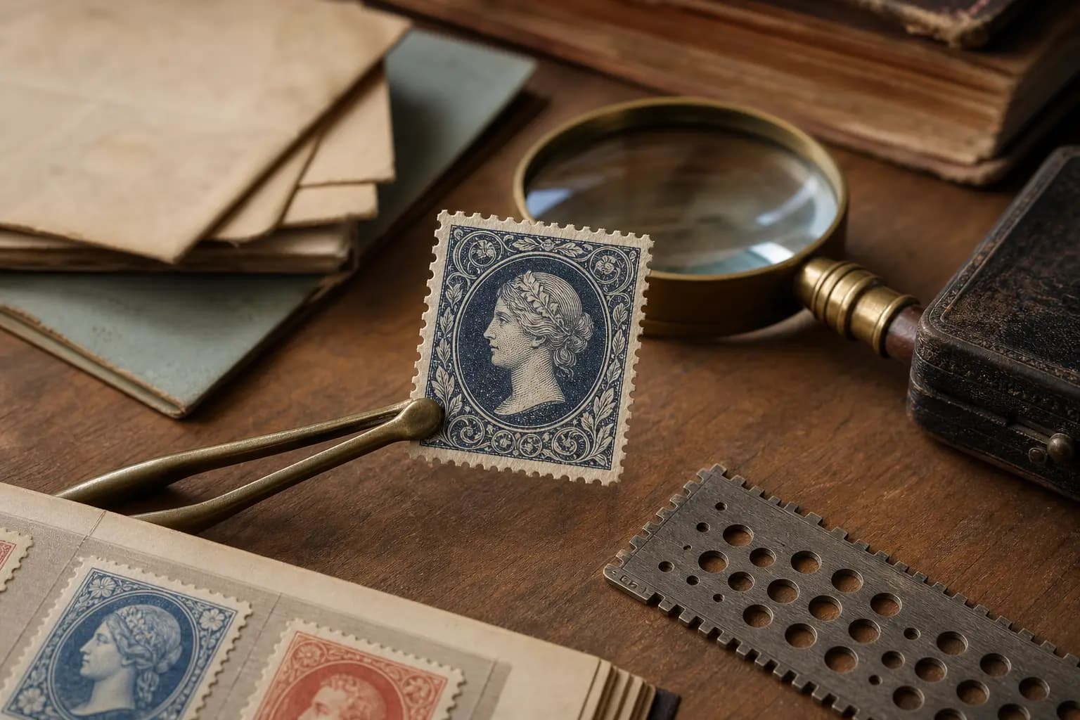 Photo illustration of a vintage stamp examined under a magnifier with tongs and a perforation gauge, for the guide "How to Identify Early Postal History: Prepayment, Refused Mail, and the Birth of the Postage Stamp"