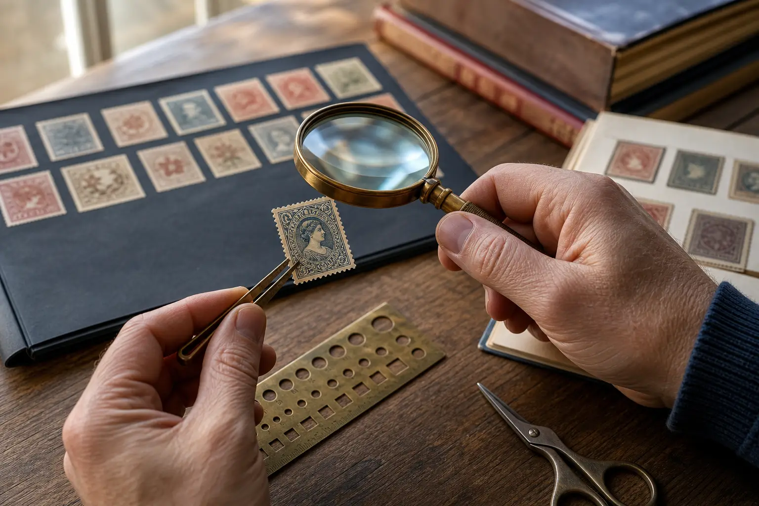 Photo illustration of a vintage stamp examined under a magnifier with tongs and a perforation gauge, for the guide "How to Identify the Era and Origin of Unlabeled and Early Postage Stamps"