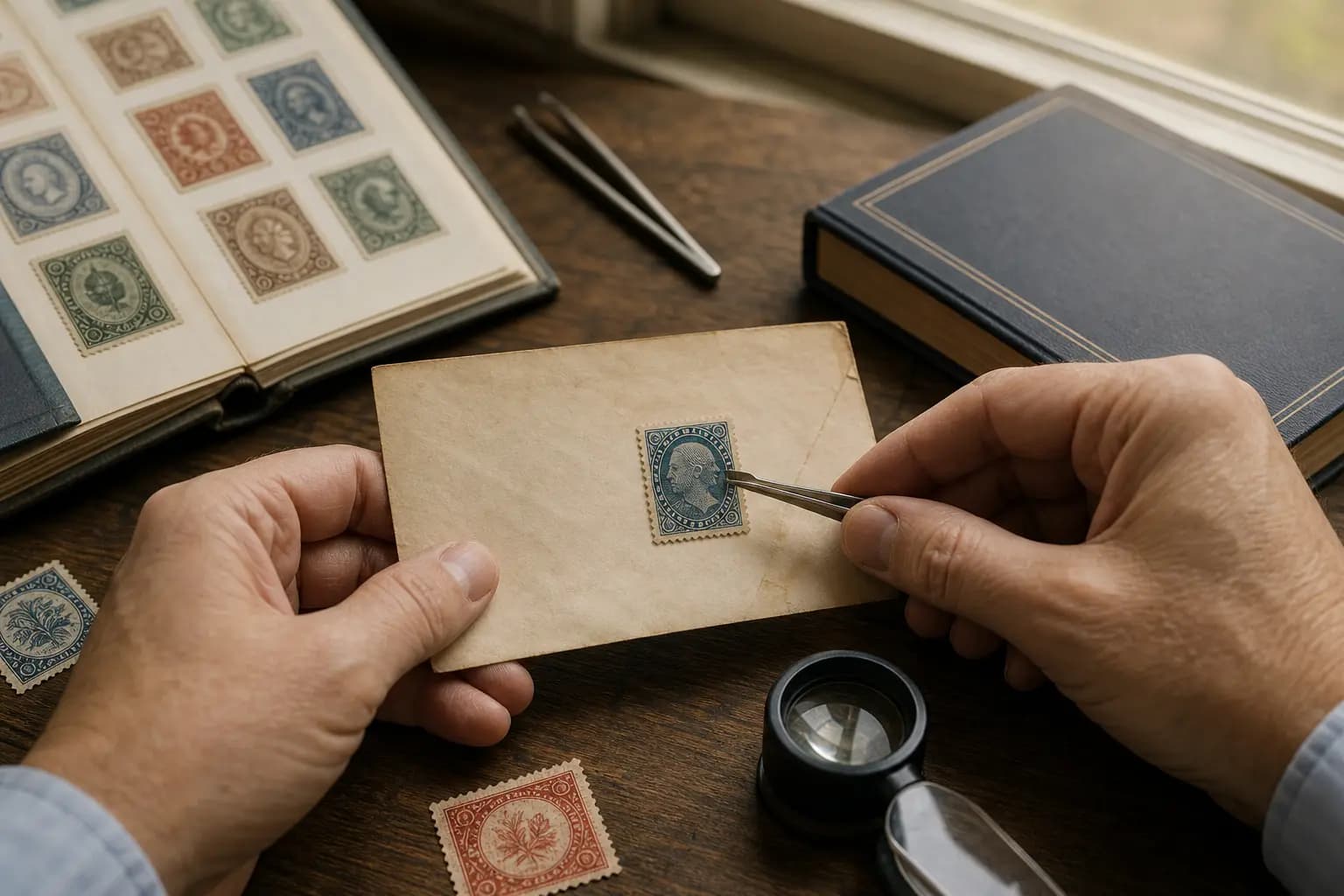 Photo illustration of a stamp on an old envelope checked for condition with a loupe and tongs, for the guide "How to Identify and Value the First United States Postage Stamps of 1847"