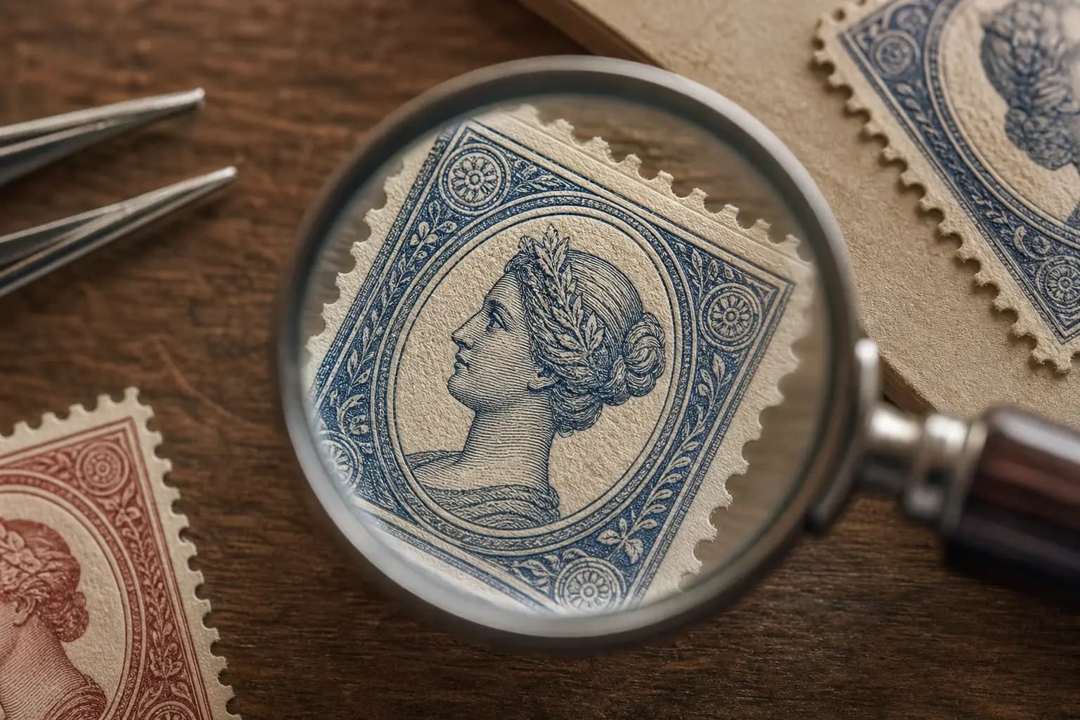Photo illustration of a close-up of a stamp's printed ink texture under a magnifier, for the guide "How to Identify Line-Engraved Intaglio Stamps Using Raised Ink and Debossing Clues"