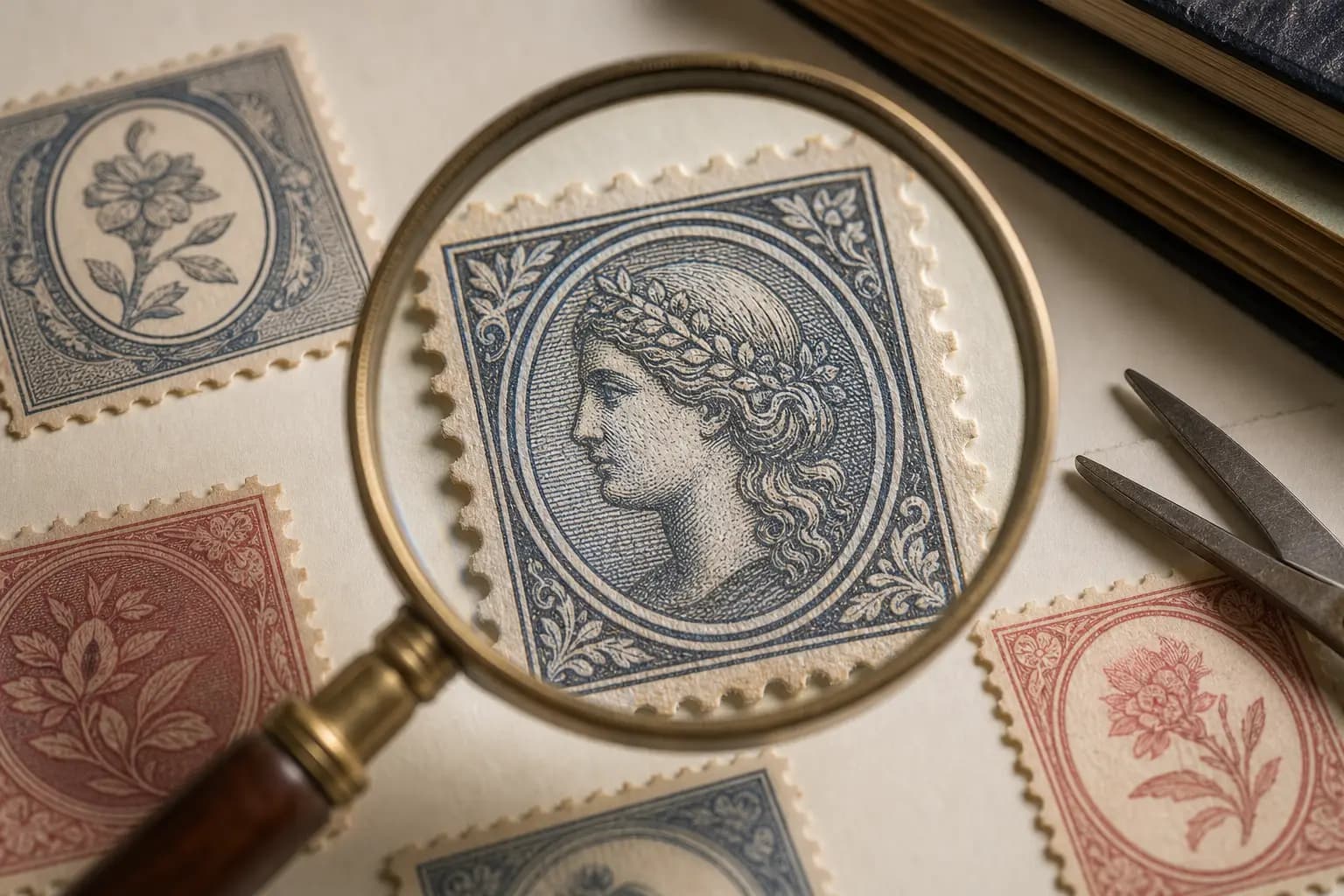 Photo illustration of a close-up of a stamp's printed ink texture under a magnifier, for the guide "How to Identify Letterpress Printing on Postage Stamps: Distinguishing Relief from Other Major"