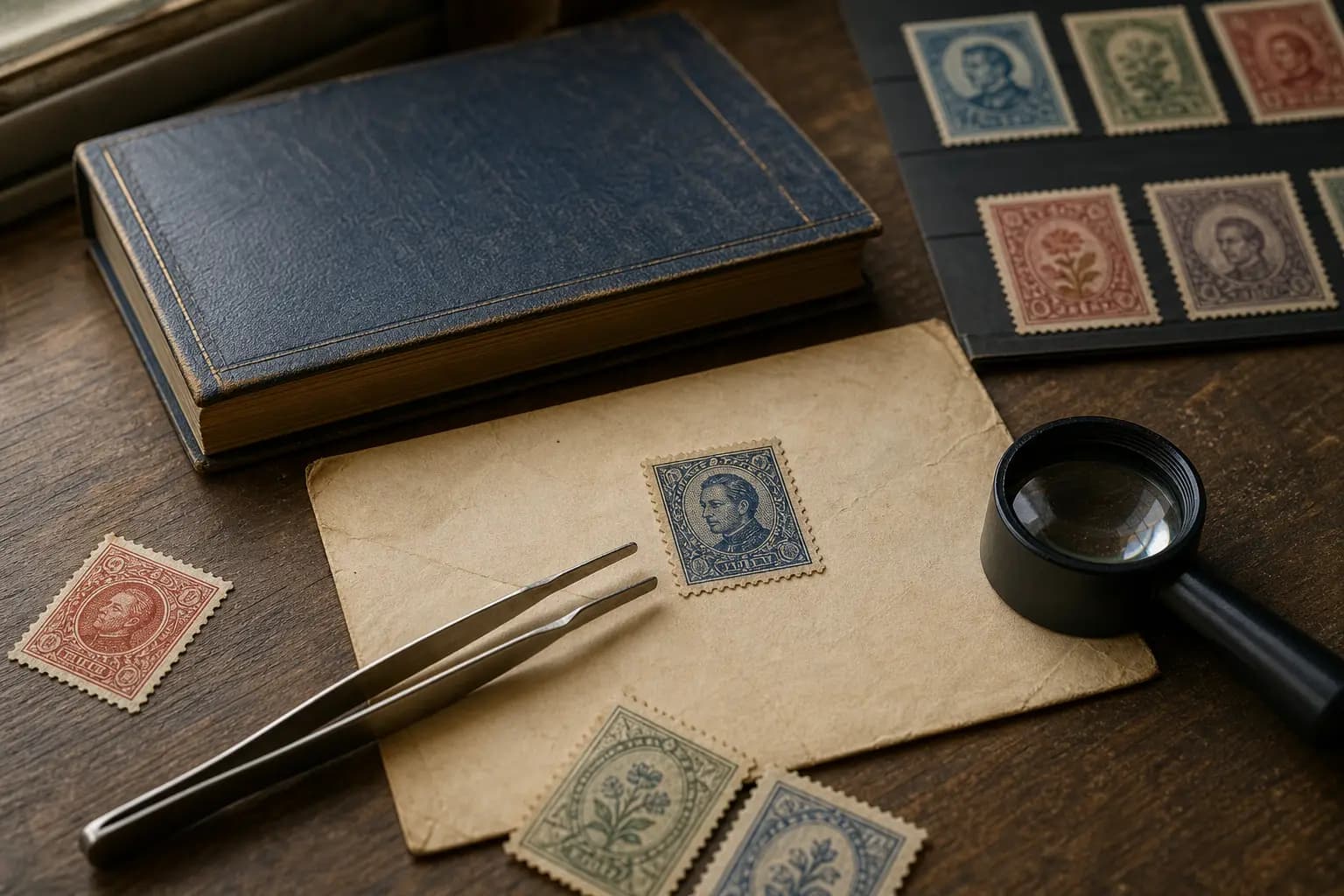 Photo illustration of a stamp on an old envelope checked for condition with a loupe and tongs, for the guide "How to Identify Early Liechtenstein Stamps: Distinguishing Prince Johann II Definitives from"