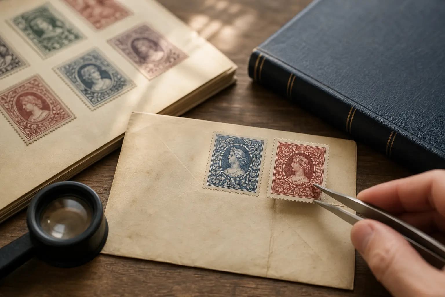 Photo illustration of a stamp on an old envelope checked for condition with a loupe and tongs, for the guide "How to Identify Look-Alike Stamps Using Minor Date and Text Variations"
