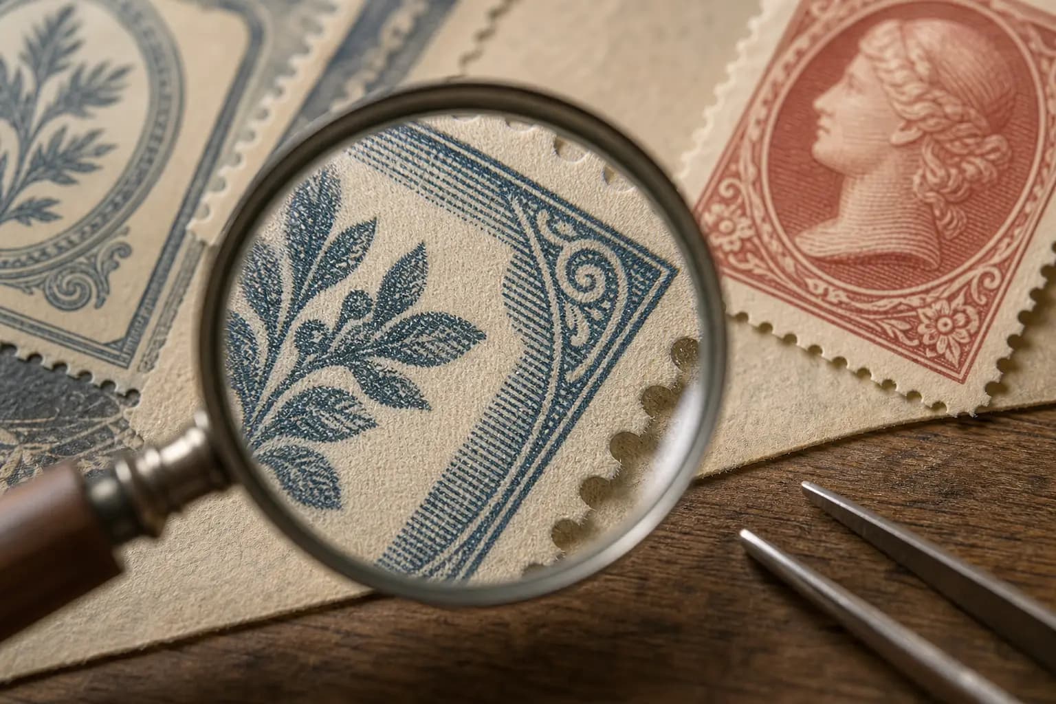 Photo illustration of a close-up of a stamp's printed ink texture under a magnifier, for the guide "How to Identify Offset Lithography on Stamps: Analyzing Planographic Ink and Rubber Blanket"
